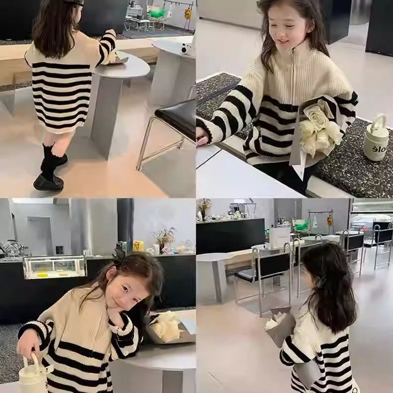 女童春秋款新款韩版时髦中领条纹毛衣百搭针织拉链中长款上衣潮