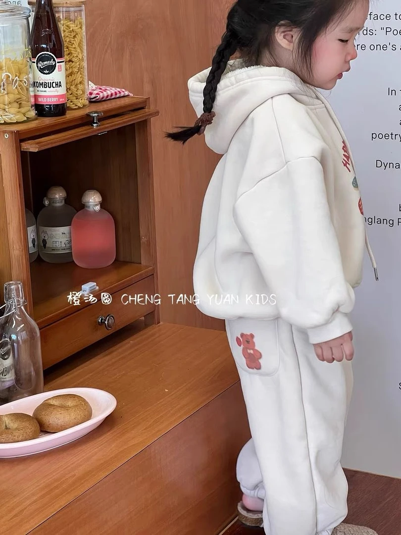 男女童冬季连帽加绒卫衣套装冬装新款宝宝休闲洋气保暖加厚两件套