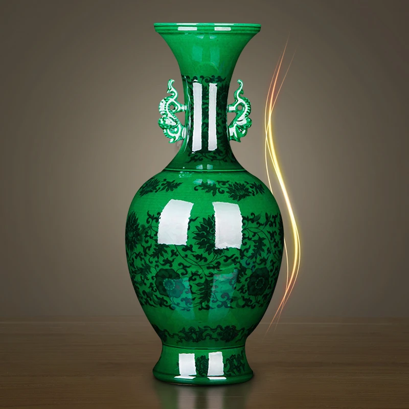景德镇陶瓷器绿釉大花瓶古中式插花器摆件家居客厅装饰品工艺品