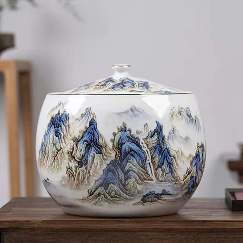 青山水聚宝盆带盖景德镇陶瓷手工茶叶罐大号家用高档存茶醒普洱茶