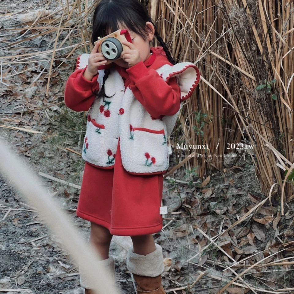 女童加绒两件套套装裙,90-130码中国风秋冬洋气加厚红色儿童小童