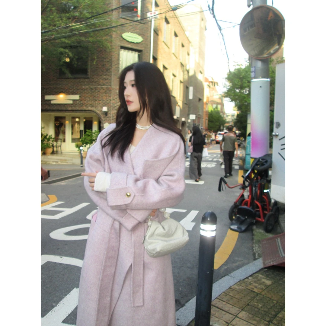 ICELOLLY紫色双面呢呢子大衣女秋冬2024年高级感长款显瘦毛呢外套