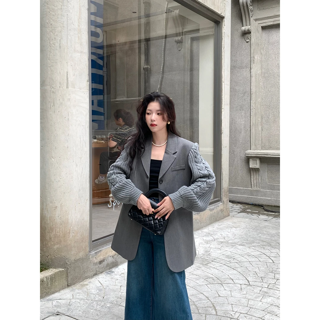 ICELOLLY灰色宽松针织拼接西装短外套女秋气质西服设计感长袖上衣