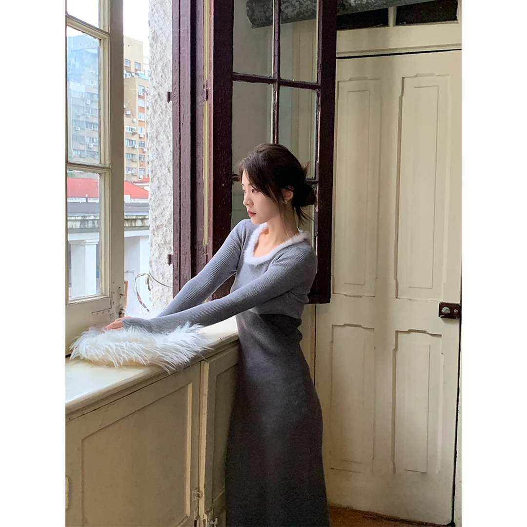 ICELOLLY长袖针织连衣裙内搭女2024秋冬季气质收腰显瘦绝美小裙子