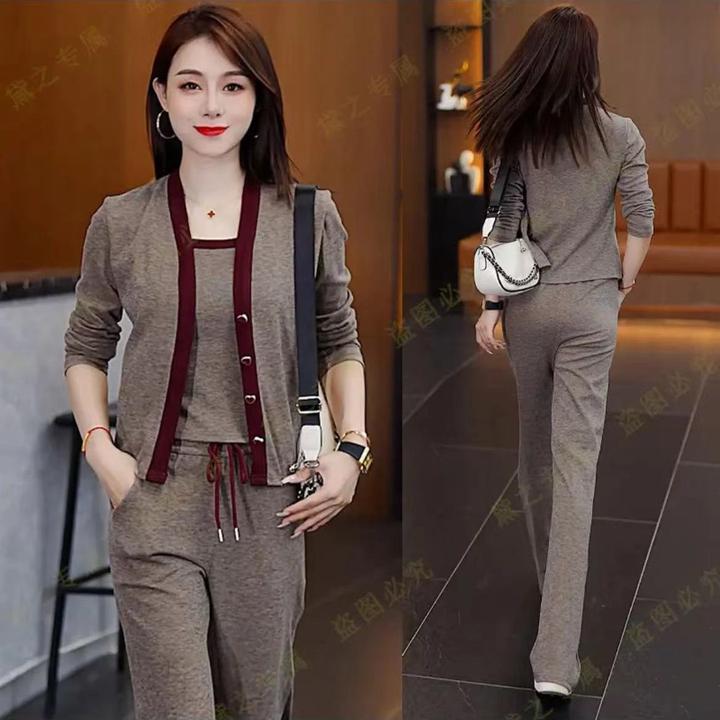 时尚套装女2024秋季新款洋气质显瘦针织开衫背心阔腿裤休闲三件套