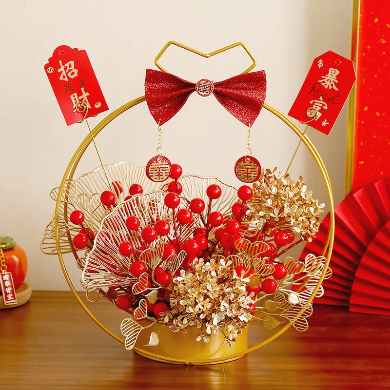 爆款年宵花红果冬青发发果仿真花新婚乔迁装饰新年花蓝家居摆件