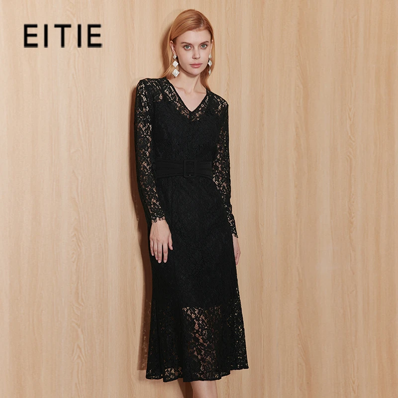 EITIE/爱特爱秋季新款V领气质蕾丝拼接设计师连衣裙礼服7177809