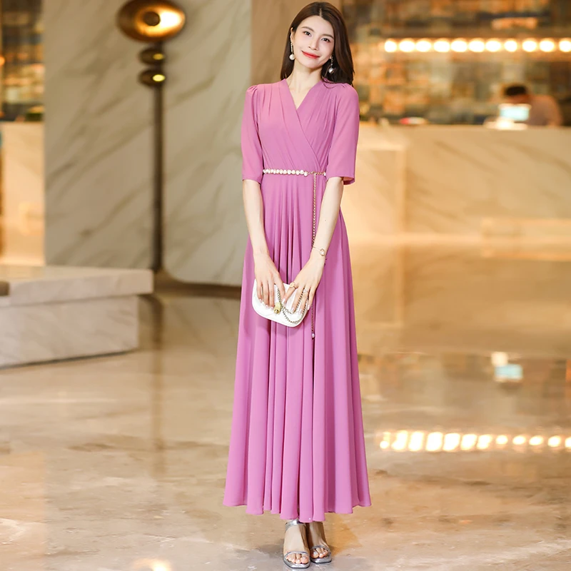 香芋紫法式纯色连衣裙女2025夏季新款长款到脚踝气质大摆裙子0528