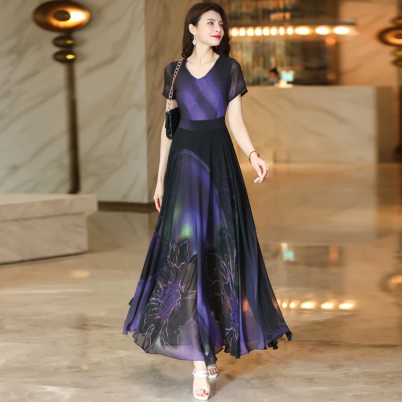 紫色长款连衣裙女2025夏季新款显瘦优雅旅游度假过膝大摆裙女0308