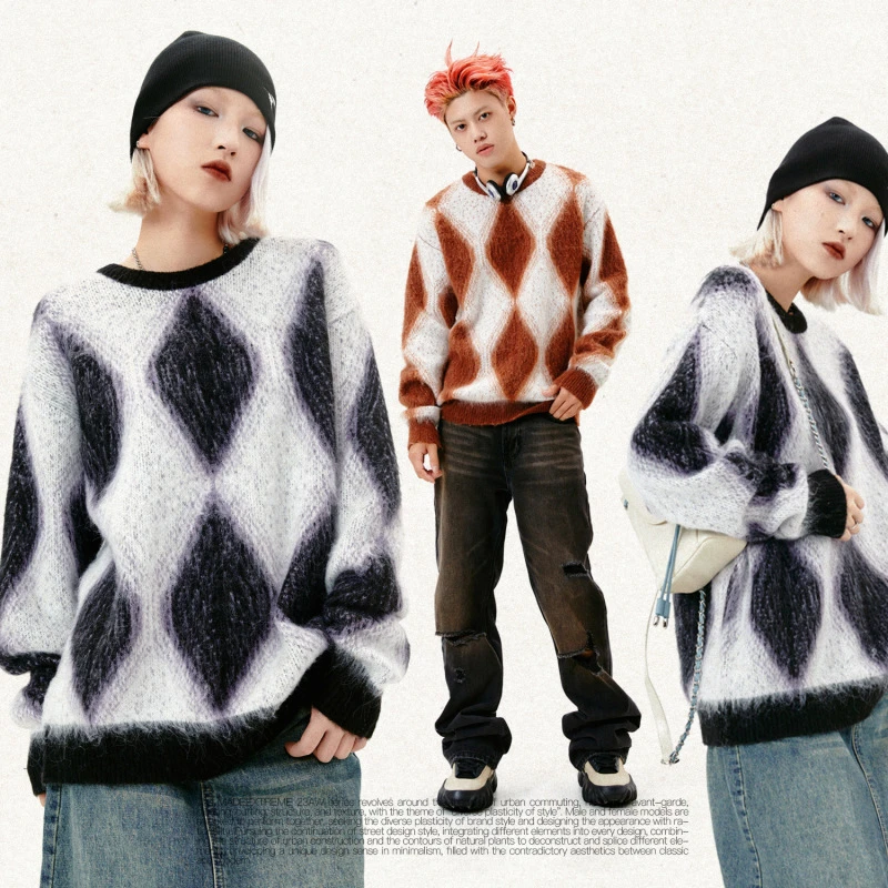 【年终青苍】 早秋经典复古欧美校园菱格休闲针织衫毛衣男女