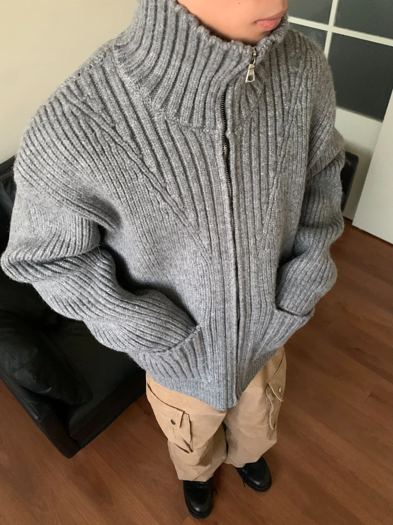 MADEEXTREME 【老妹】冬季新品司机领罗马坑条拉链针织开衫毛衣男女