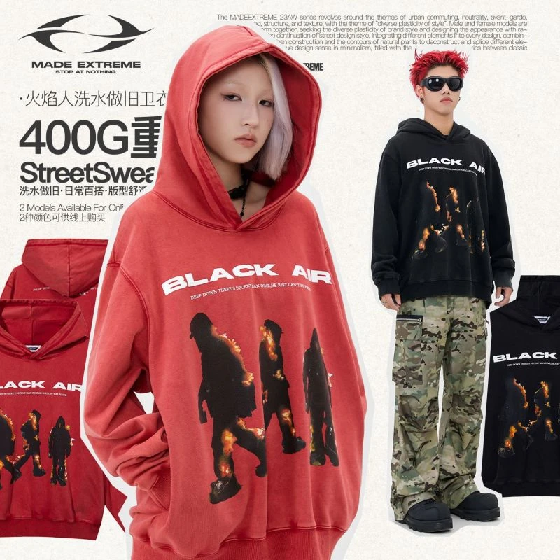 BLACKAIR 早秋新品美式休闲街头潮牌男装火焰人洗水做旧卫衣男女