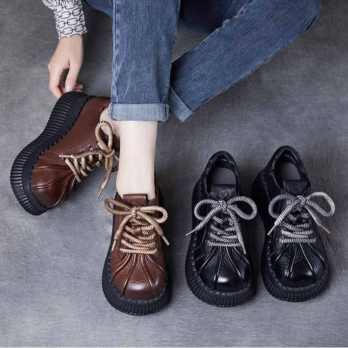 2024款厚底坡跟深口单鞋头层牛皮贝壳头女鞋真皮复古小个子休闲鞋