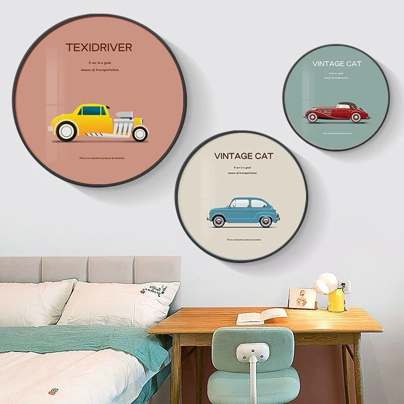 儿童房装饰画 汽车主题圆形挂画 晶瓷平面 铝合金拉丝边框