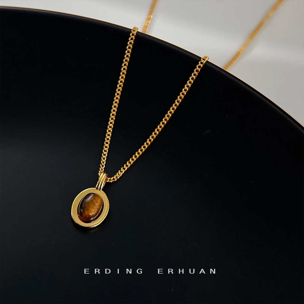 铜合金项链 高级感复古美拉德虎眼石锁骨链简约时尚气质项链