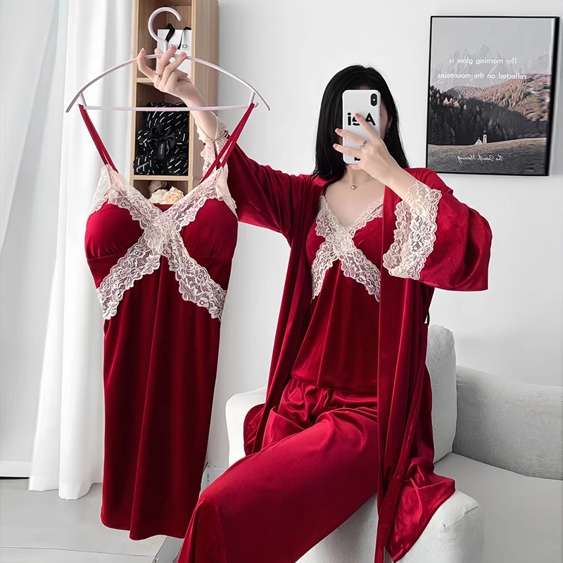 【芭蕾五件套】礼盒装秋冬季新款网红春秋丝绒长袖睡裙睡袍大码睡衣