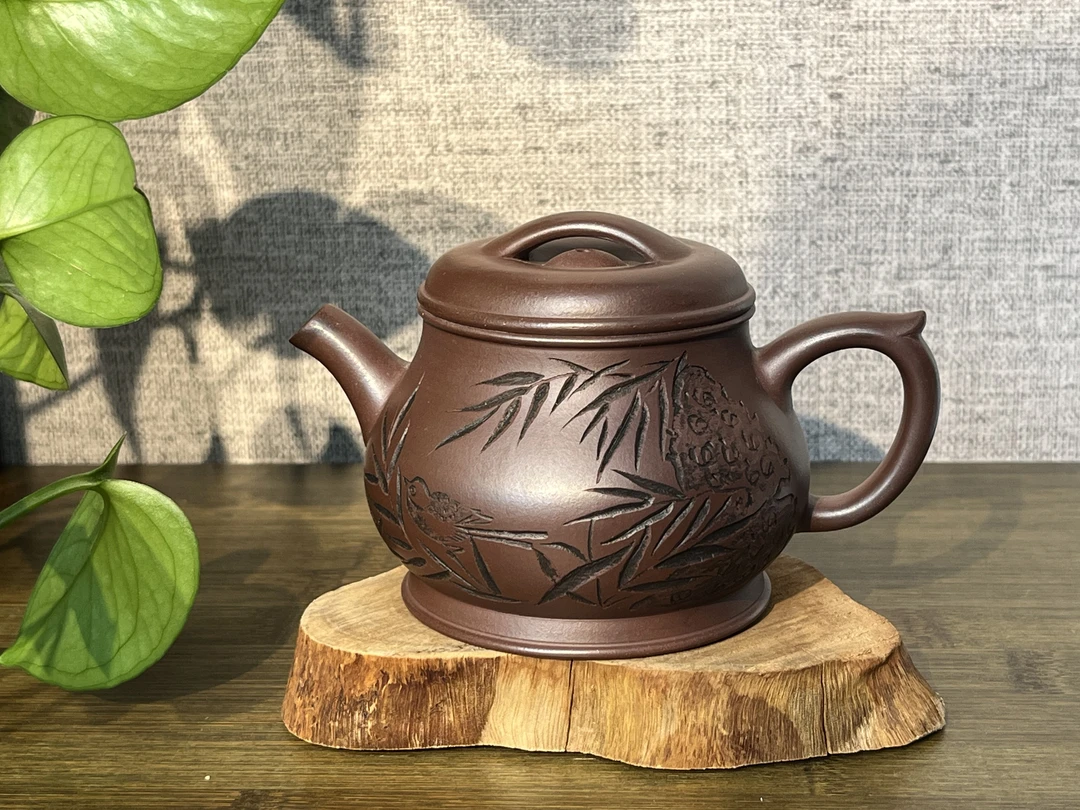 刻竹潘壶紫砂壶-老紫泥-李老师-220CC