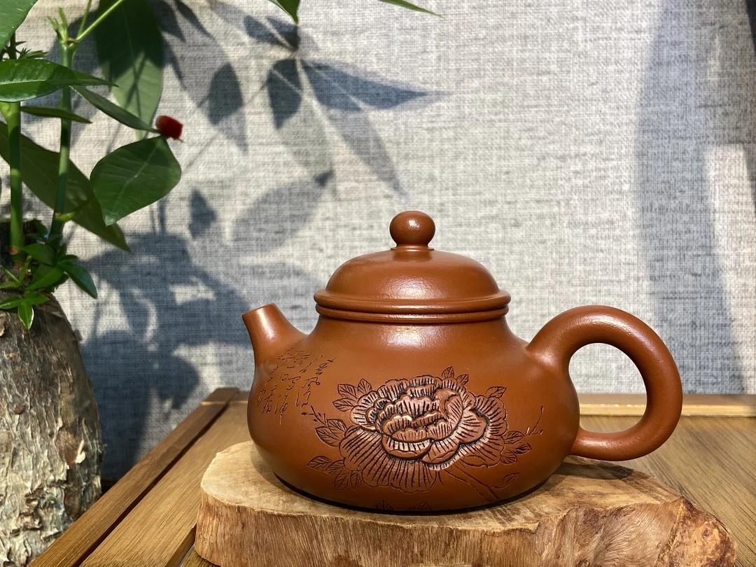 牡丹容天紫砂壶-手磨朱泥-徐老师-200CC全手工