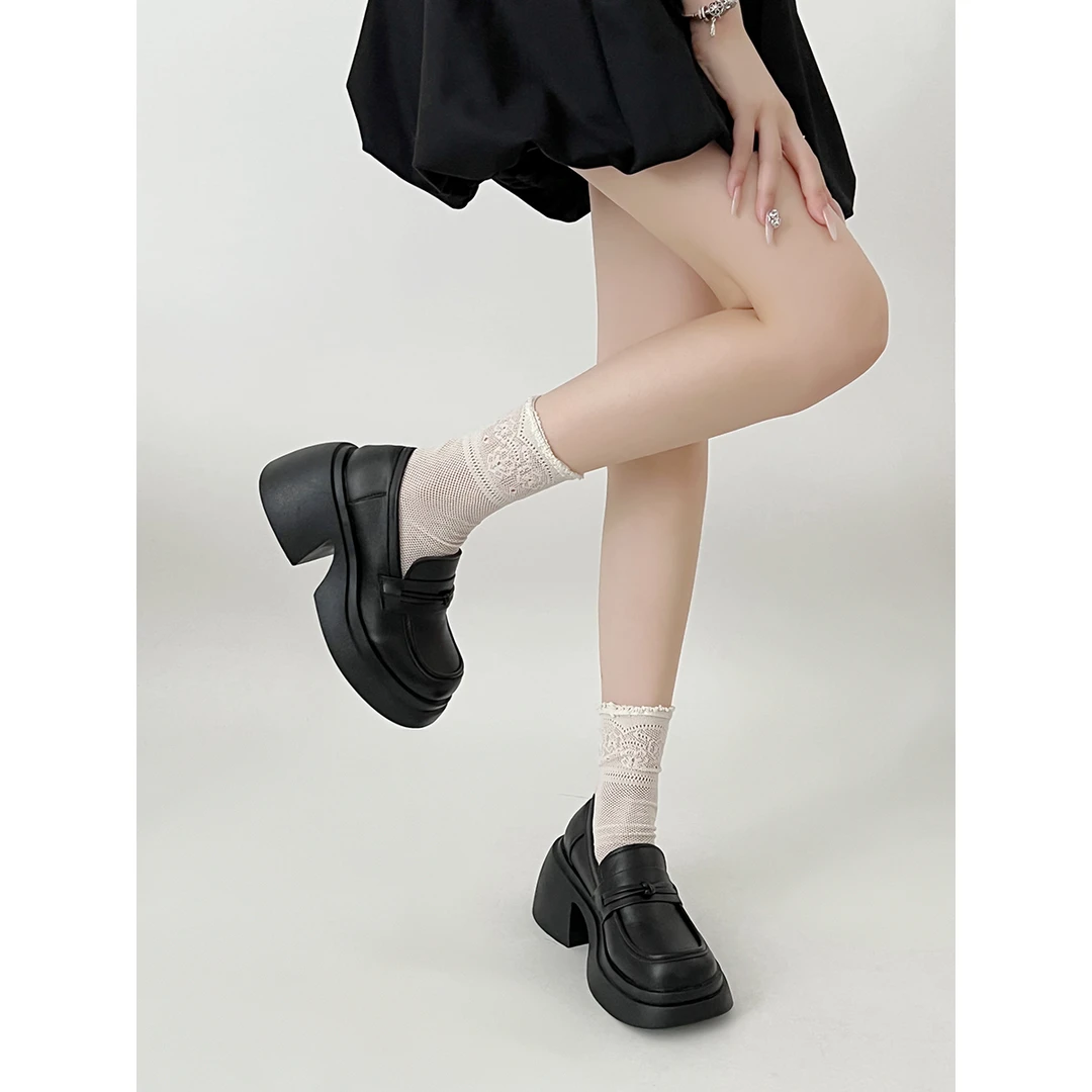 百搭黑色粗跟厚底玛丽珍小皮鞋女秋季2023新款设计感一脚蹬乐福鞋