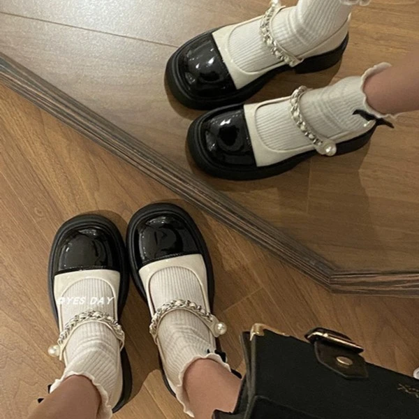 英伦风复古法式拼色增高厚底珍珠玛丽珍小皮鞋女2023夏季新款小众