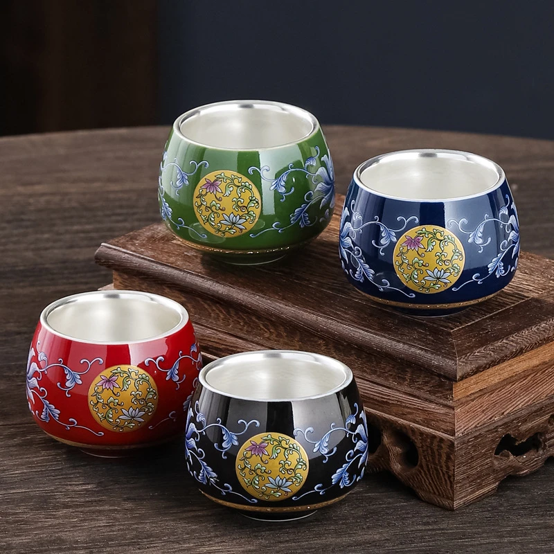 珐琅彩斗笠杯银茶杯珐琅彩鎏银茶杯斗笠杯茶碗镶银斗笠主人杯礼品