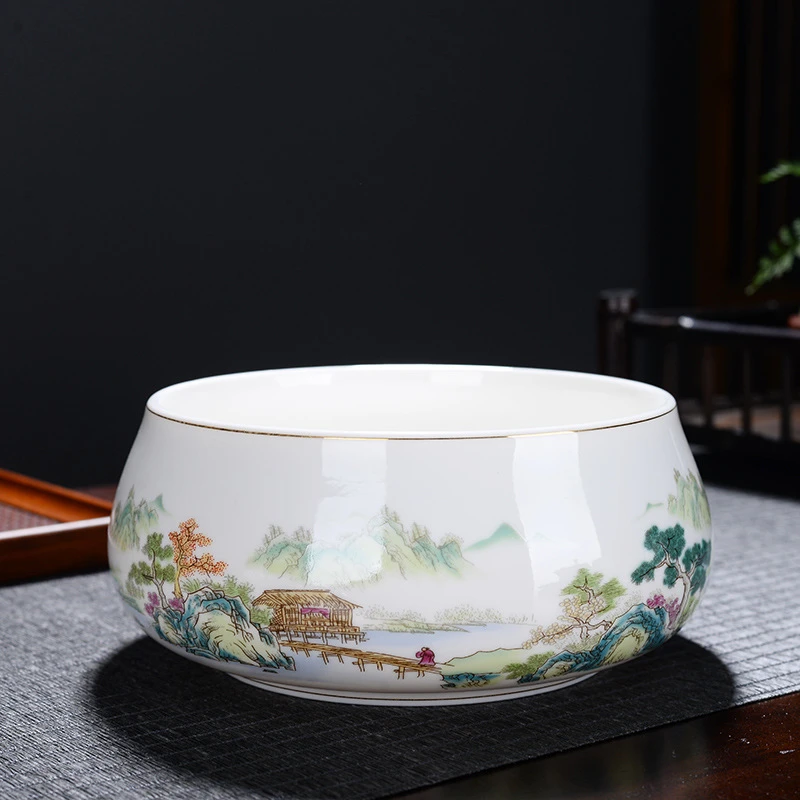 中式大号茶洗盆茶杯高档陶瓷紫砂功夫茶具配件茶道家用茶洗茶洗缸