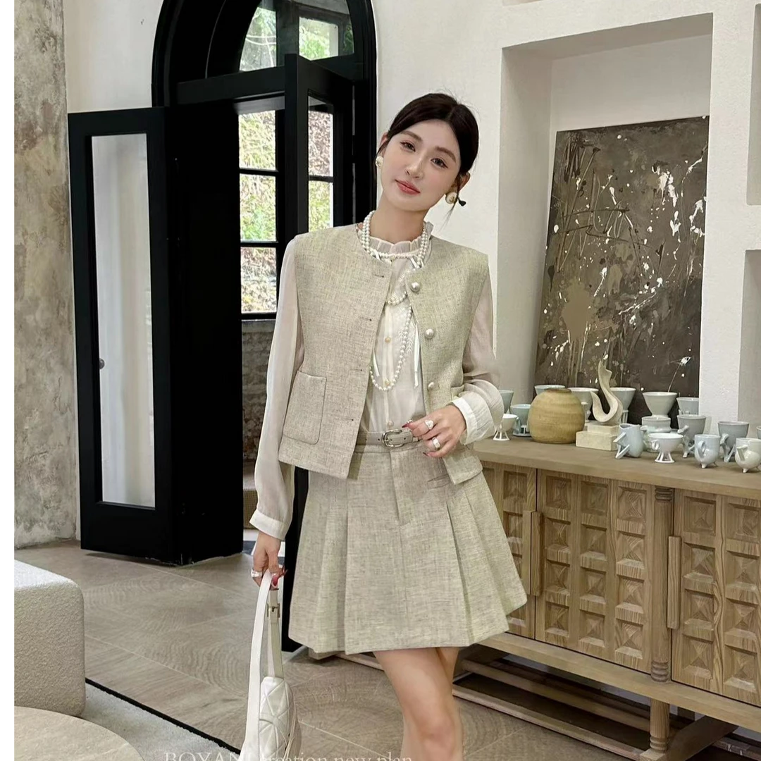 马甲短裙气质短款百褶秋季粗花呢复古百搭时尚法式