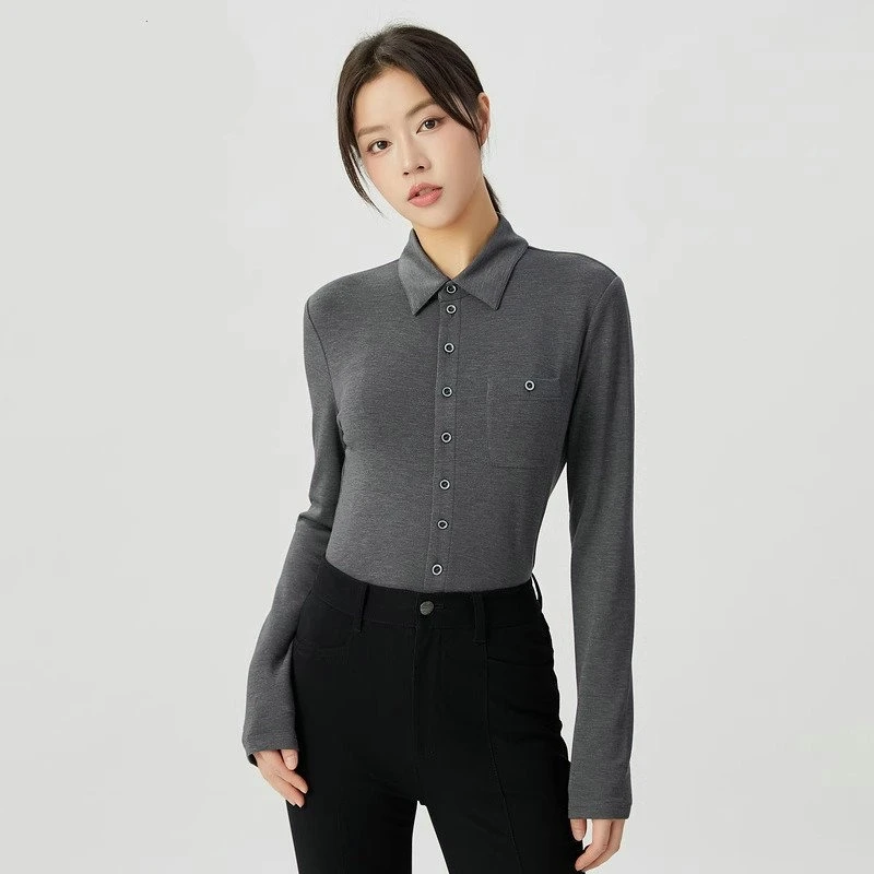 商场同款秋冬新款长袖职业女衬衫修身保暖纯色百搭打底衫1300820