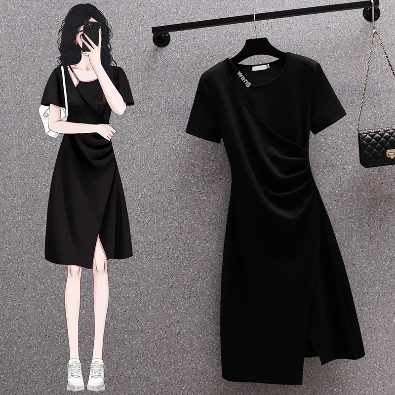 夏季新款时尚大码女装微胖MM显瘦遮肉小心机设计纯色气质款连衣裙