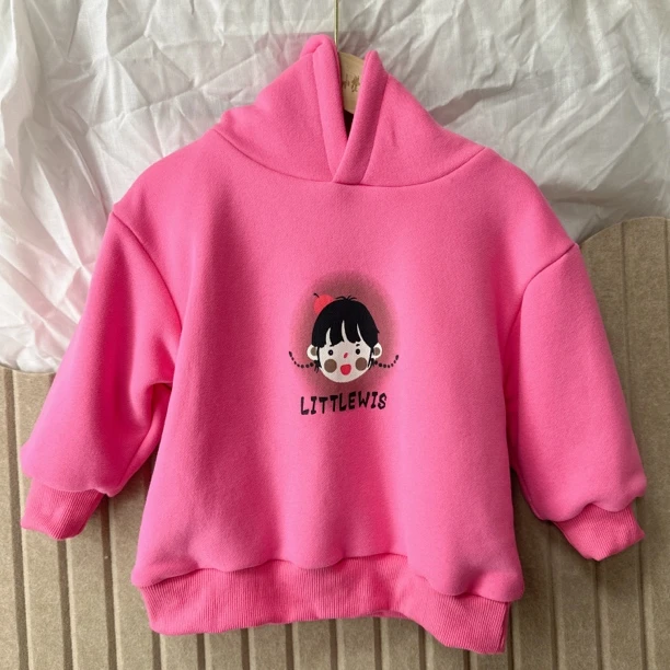 2024冬季儿童新款加绒加厚百搭时尚连帽卫衣卡通洋气韩版长袖套头