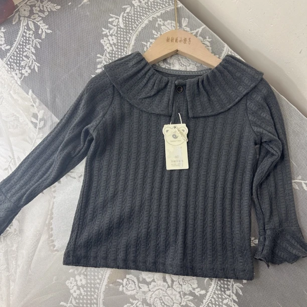 2024女童春秋冬新款咖色翻领坑条加厚卫衣t时尚百搭