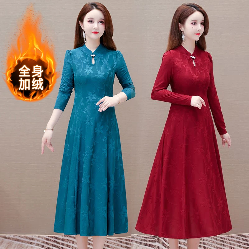 600【冬季加绒款】连衣裙中式民族风气质长袖连衣裙时尚传统旗袍裙