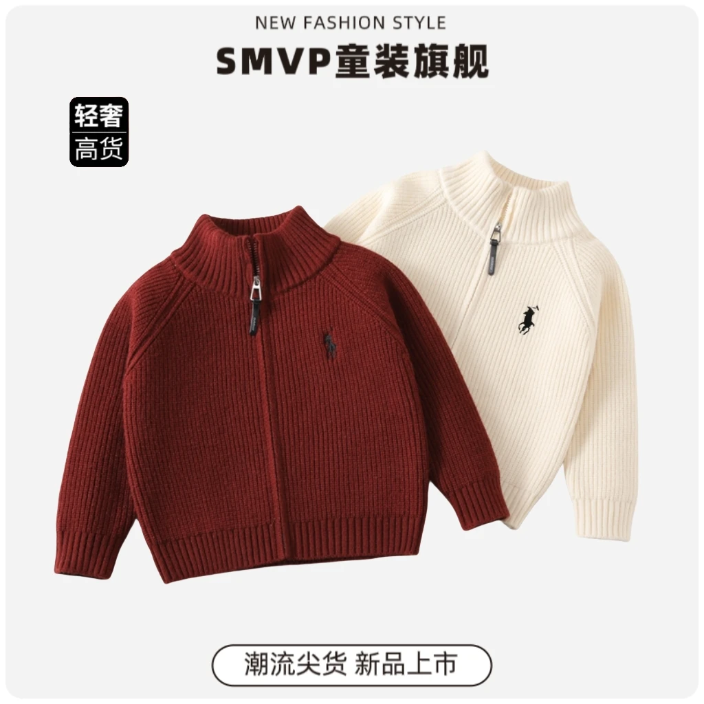 立领拉链衫儿童毛衣韩版刺绣秋冬季新款复古针织开衫百搭加厚外套