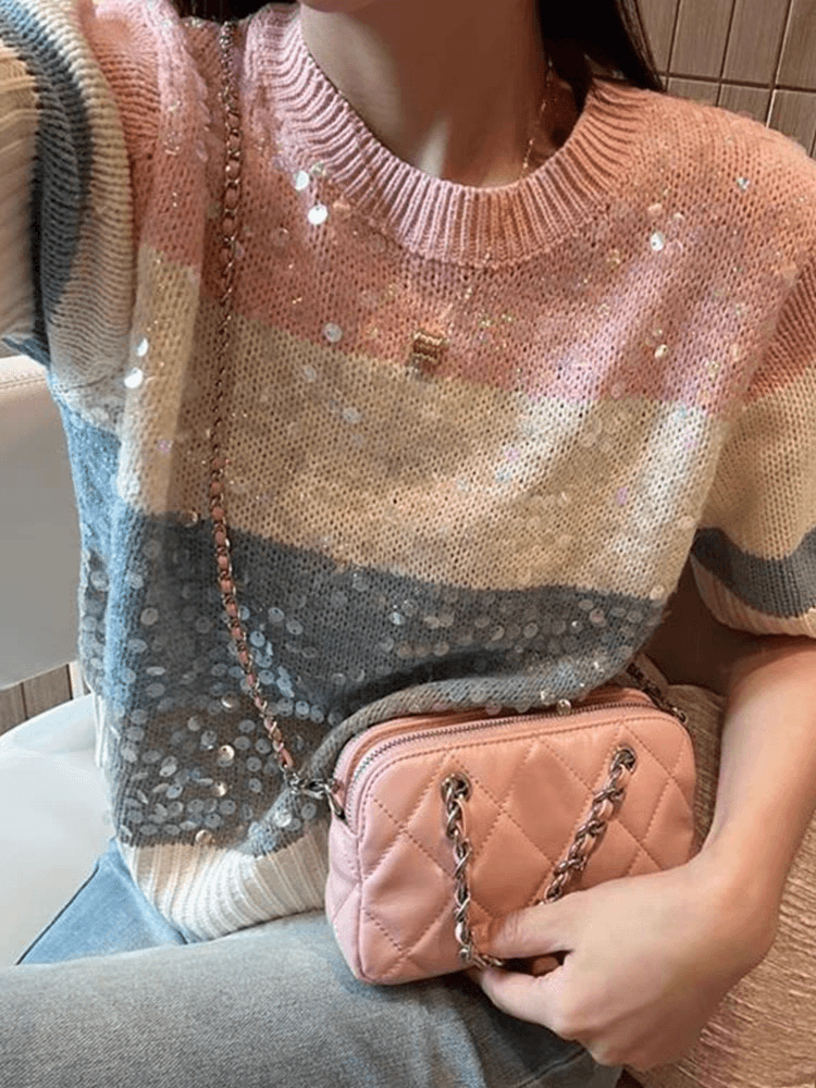 重工亮片上衣2024夏季新款条纹短款时尚圆领套头短袖针织衫女夏装