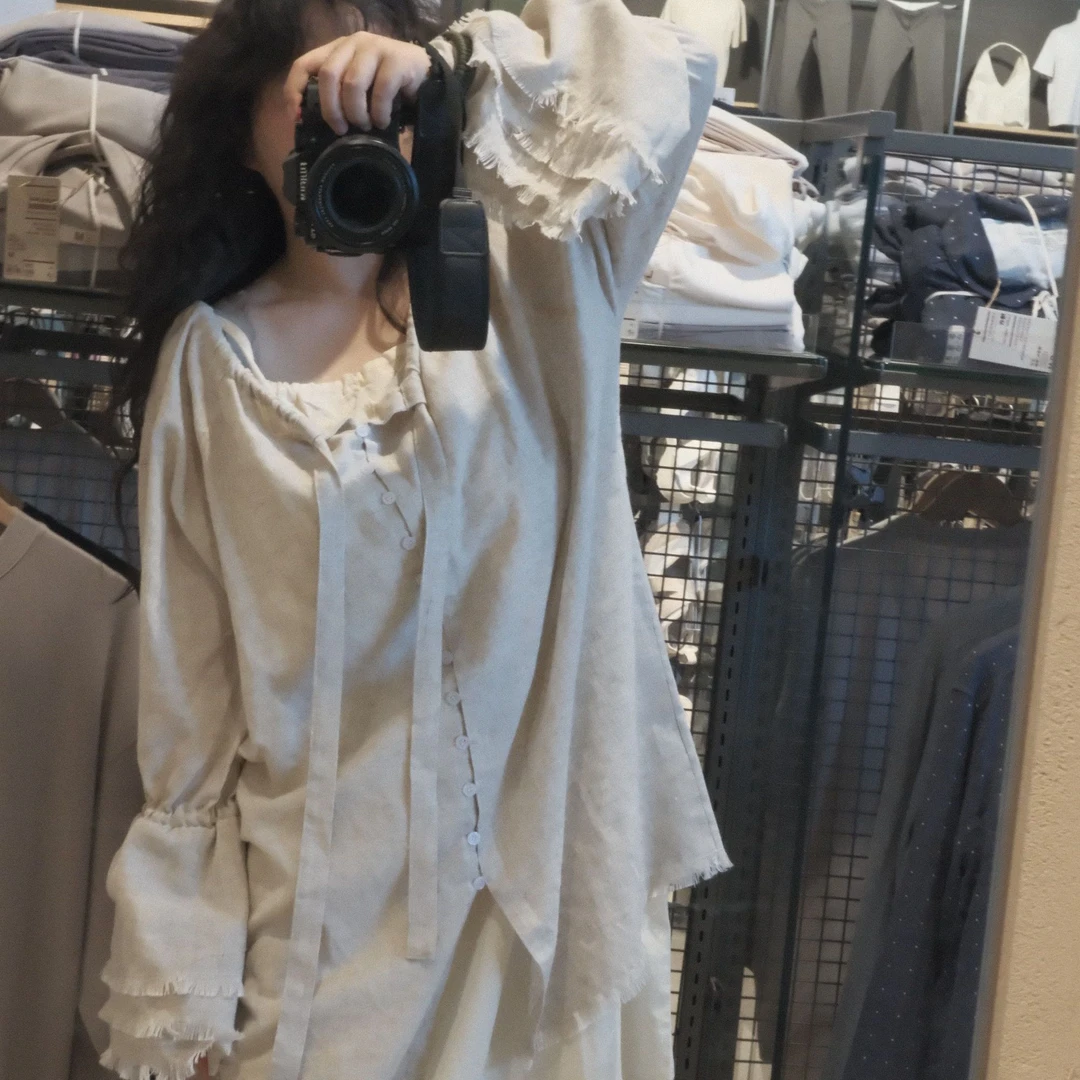 【1501】长袖衬衫外套上衣衬衣时尚休闲百搭夏季宽松纯色拼接麻本色