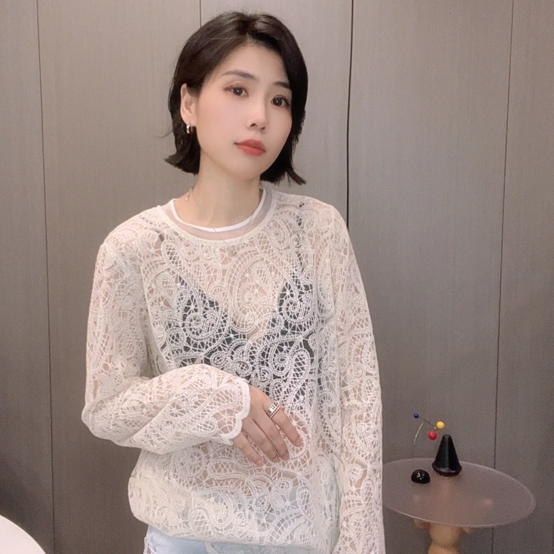 2025春夏新款法式小香风叠穿蕾丝上衣女设计感镂空打底衫女