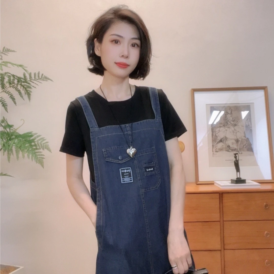 欧货减龄牛仔裙连衣裙女夏季假两件背带裙大码洋气裙子