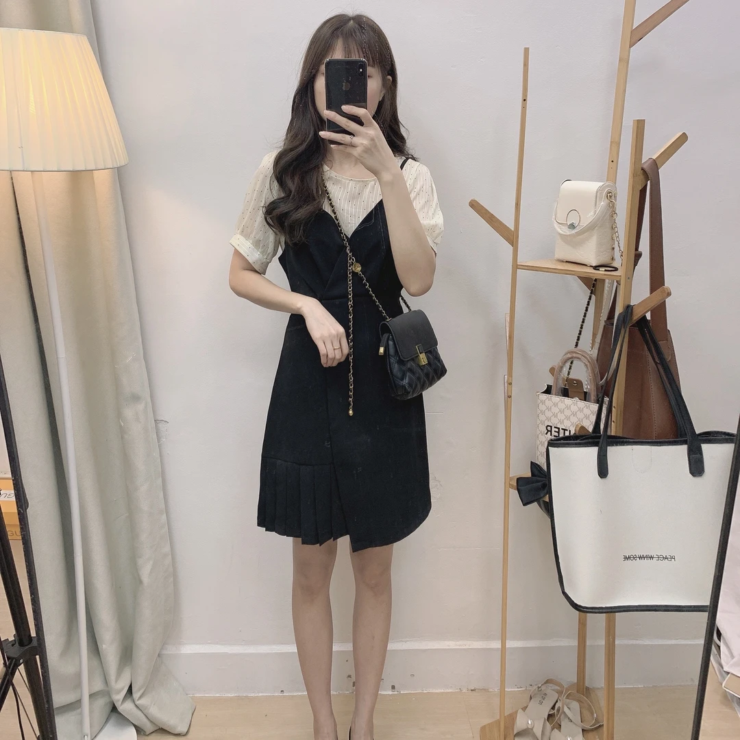 2024法式夏季新款气质小黑裙修身显瘦短袖假两件拼接女装连衣裙薄