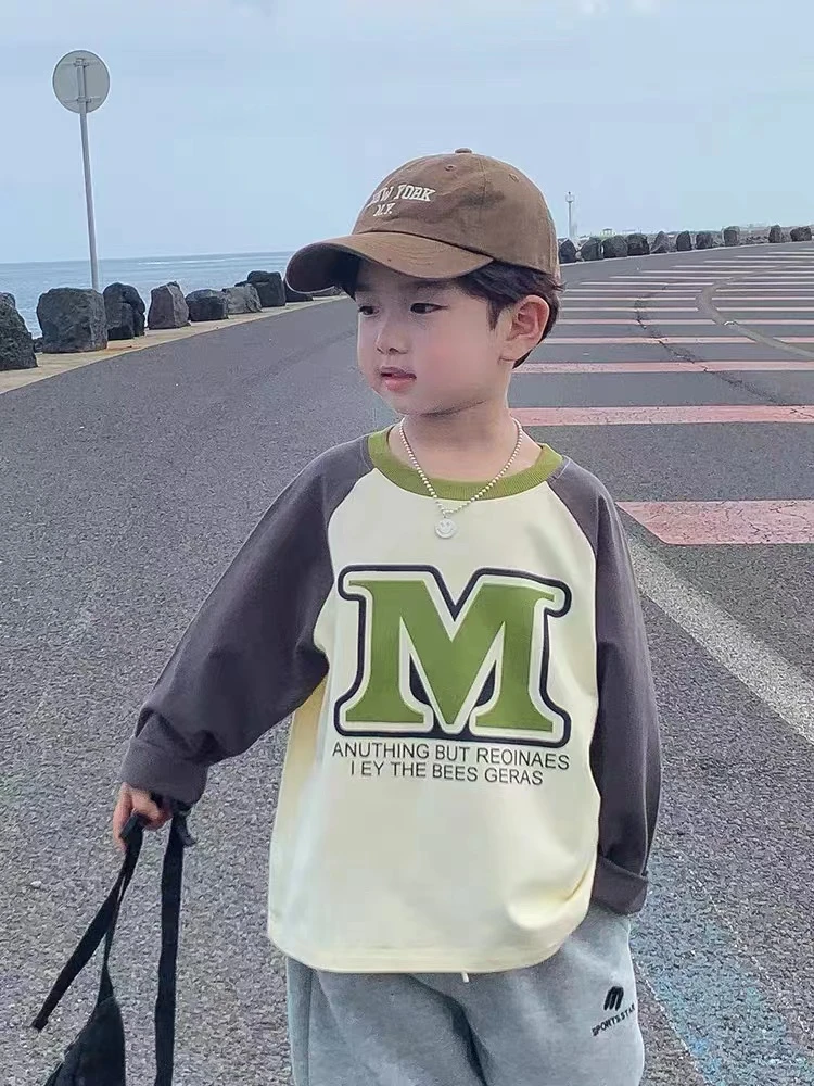 儿童长袖T恤春秋款男童打底衫薄款上衣小童休闲秋季圆领加绒拼色