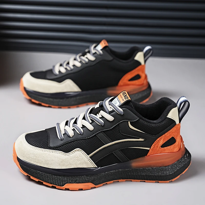 秋冬潮流运动鞋男2025新款皮面软底老爹鞋男士百搭休闲跑步潮鞋
