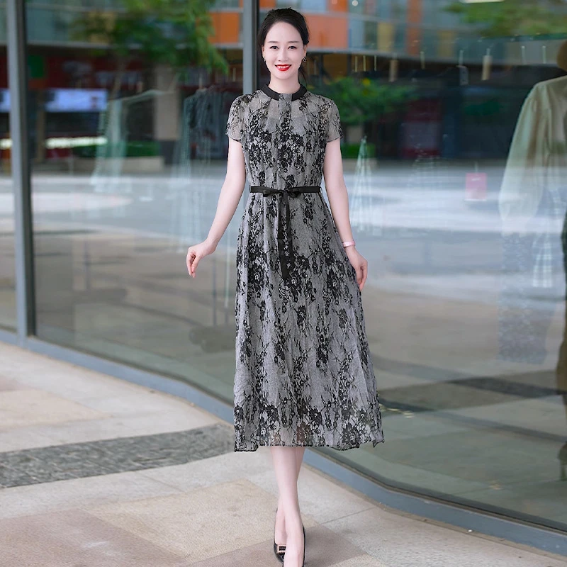 14161新款优雅气质时尚大气减龄休闲收腰显瘦连衣裙M-4XL