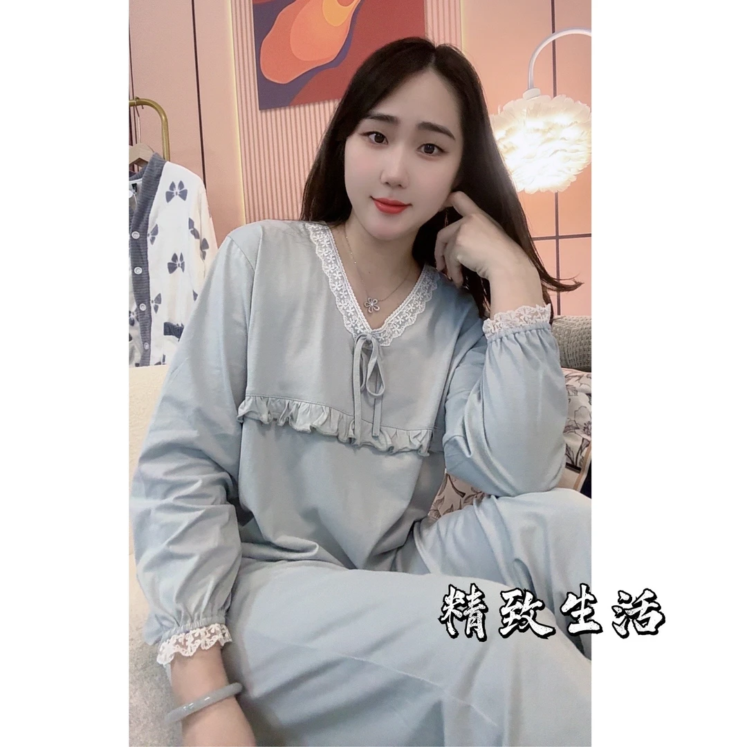 胸垫版睡衣纯棉秋冬新款韩系休闲宽松可外穿家居服套装（月光灰）