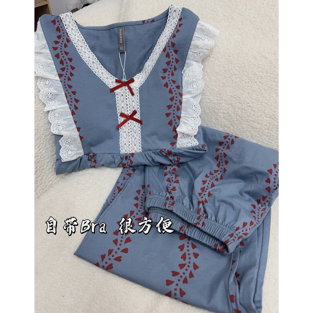 胸垫版睡衣纯棉秋冬新款韩系休闲可外穿家居服套装（爱心蓝花边）