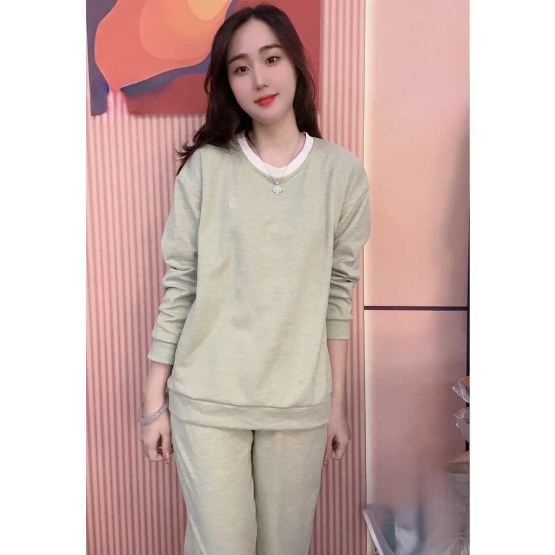 睡衣女冬季新款羊绒保暖舒适圆领休闲可外穿家居服套装（薄荷曼波）