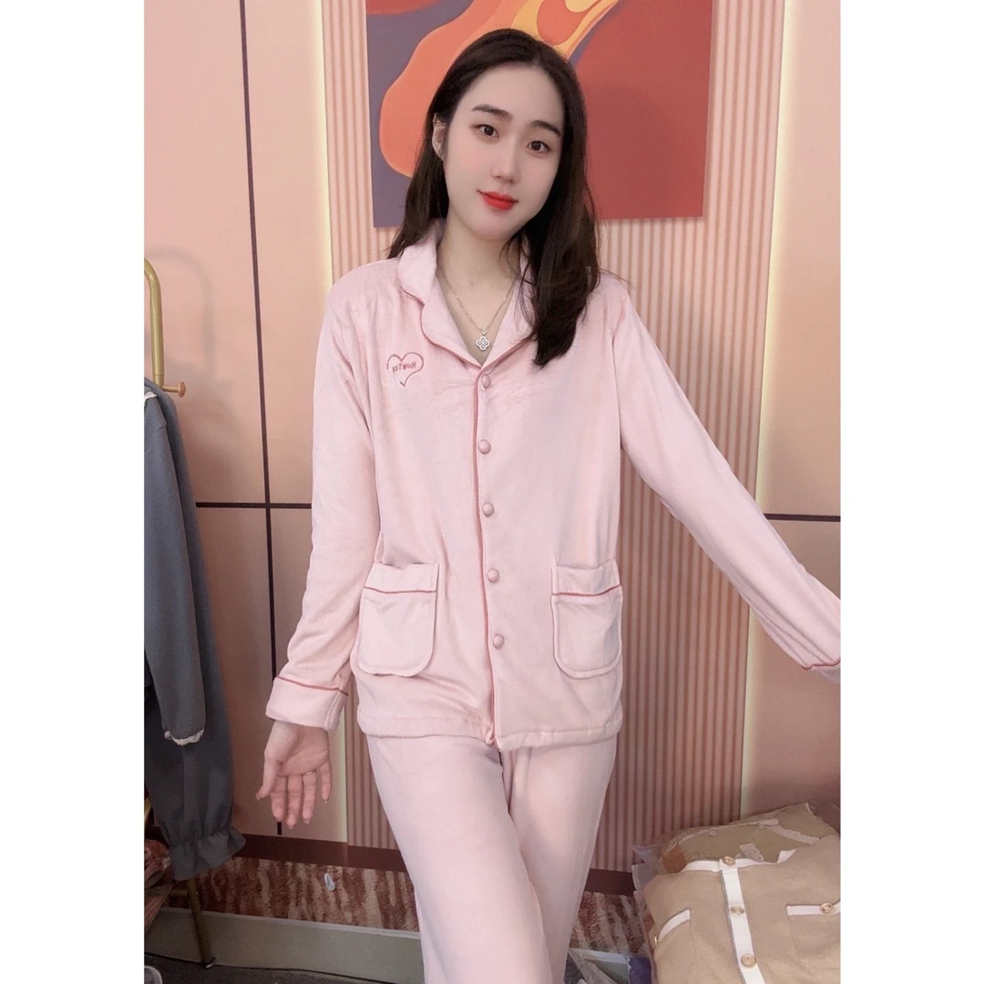 睡衣女冬季新款海岛绒加绒加厚保暖简约家居服（粉色爱心）