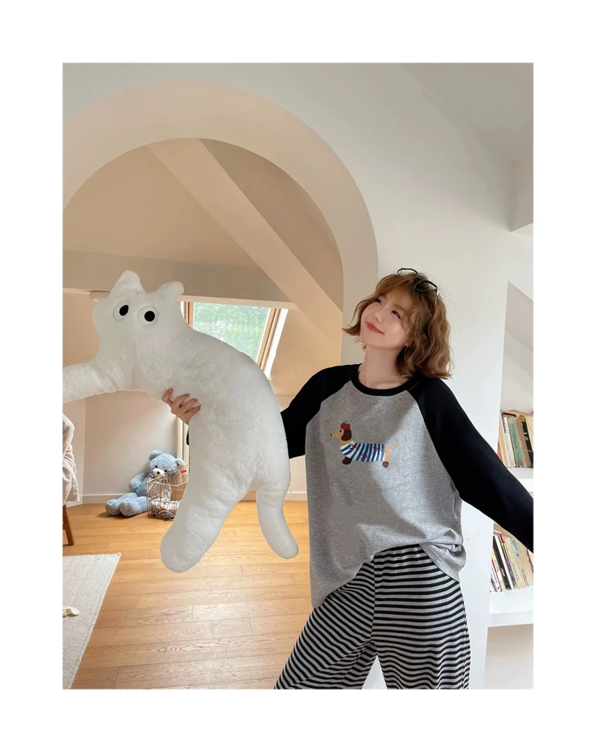 睡衣女秋冬新款长袖长裤纯棉韩版时尚简约家居服套装（线条小狗）