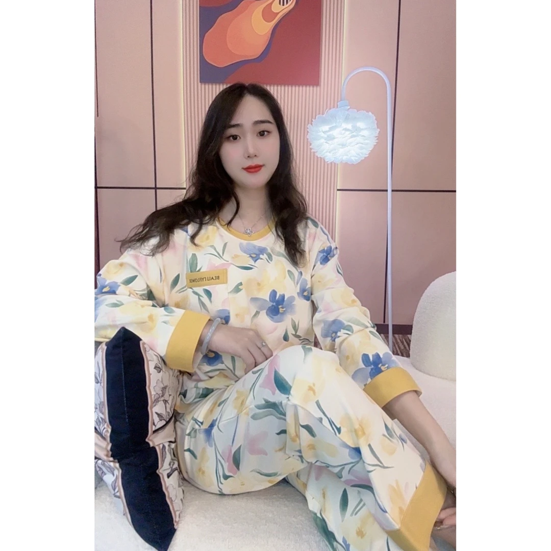 带胸垫版睡衣双面纯棉秋冬新款高品质休闲家居服套装（人间富贵花）
