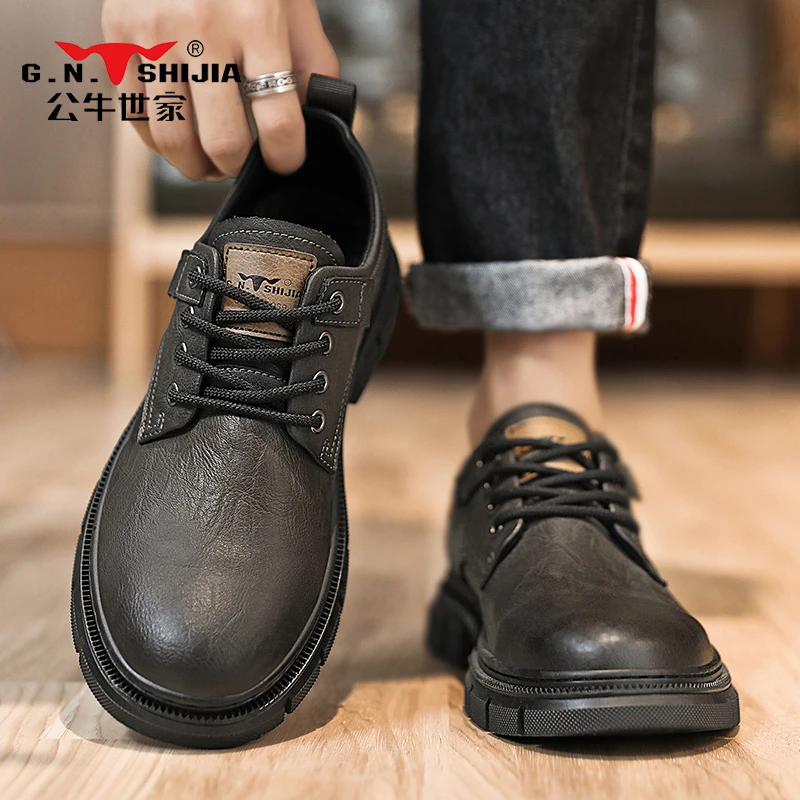 公牛世家皮鞋男士秋季工装低帮马丁短靴复古百搭休闲时尚手工男鞋