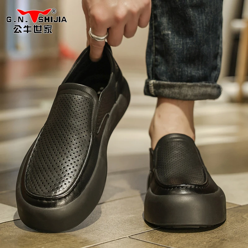 公牛世家男鞋夏季透气软底爸爸鞋懒人一脚蹬商务休闲镂空皮鞋男士