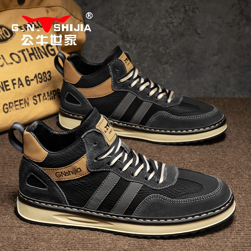 公牛世家高帮男鞋秋季复古英伦风格休闲皮鞋厚底百搭运动板鞋男士